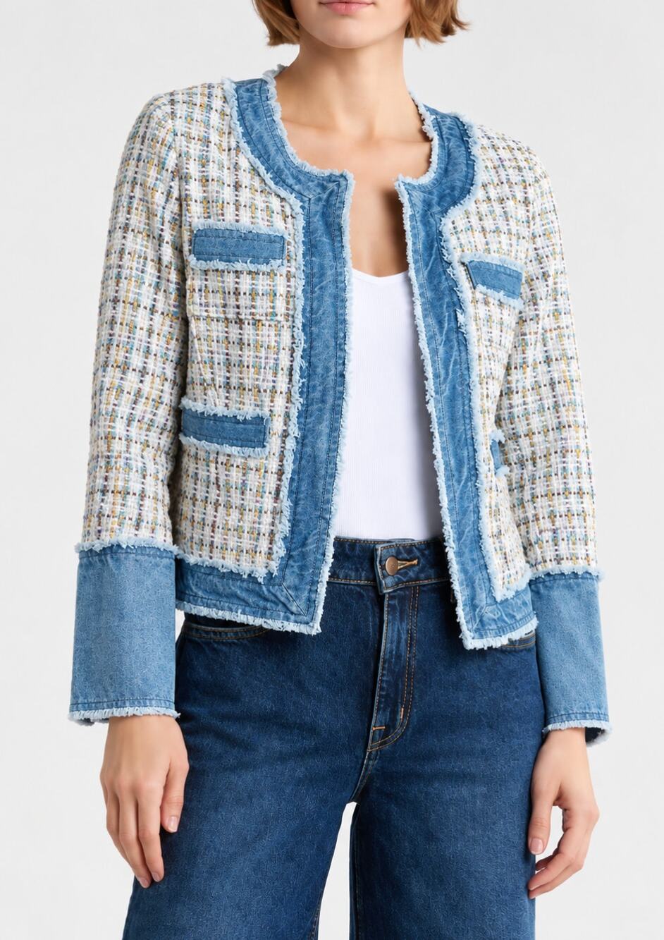 NANETTE LEPORE Denim Trim Bouclé Crop Jacket Size Medium